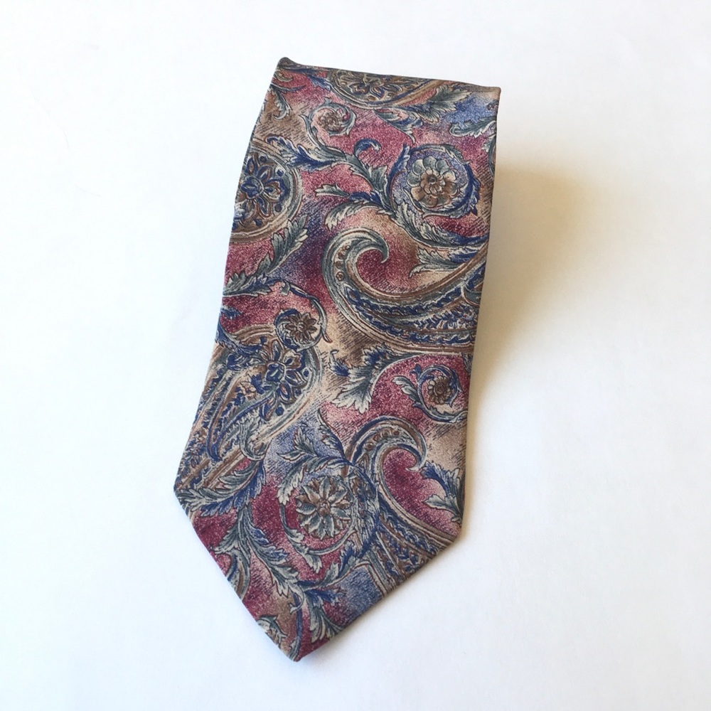 Karl Lagerfeld 100% Silk Paisley Floral Print Neck Tie Men's Designer Blue Red